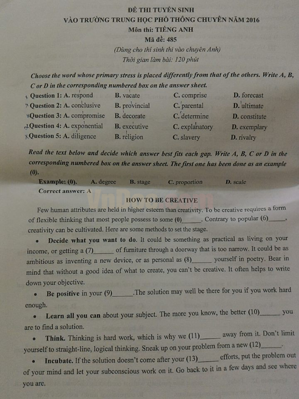Đề thi tuyển sinh vào lớp 10 môn tiếng Anh 