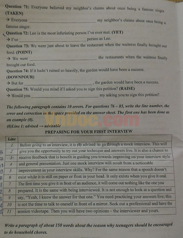 Đề thi vào lớp 10 môn tiếng Anh trường THPT Chuyên Sư Phạm