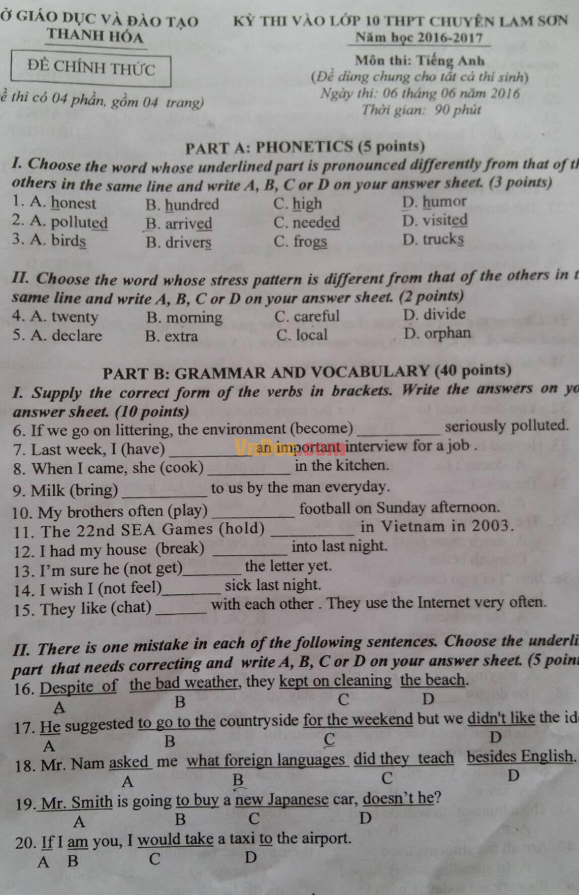 Đề thi tuyển sinh vào lớp 10 môn Tiếng Anh năm 2016