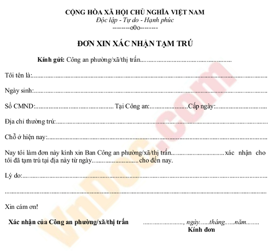 Đơn xin xác nhận tạm trú