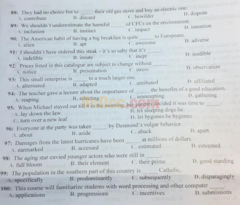 Đáp án đề thi tuyển sinh vào lớp 10 môn Tiếng Anh