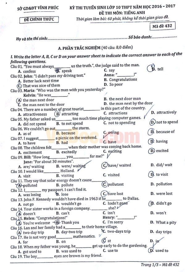 Đề thi tuyển sinh vào lớp 10 môn Tiếng Anh năm 2016