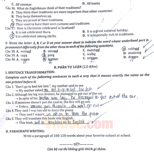 Đáp án đề thi tuyển sinh vào lớp 10 môn Tiếng Anh