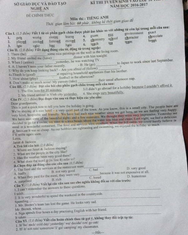 Đề thi tuyển sinh vào lớp 10 môn Tiếng Anh năm học 2016-2017 tỉnh Nghệ An