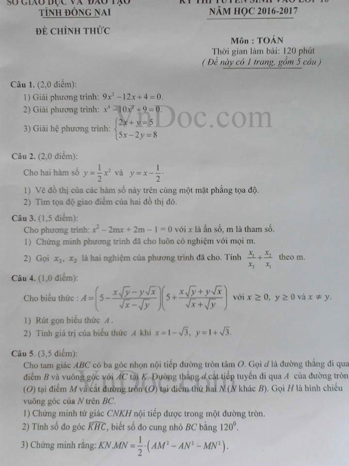 Đề thi tuyển sinh vào lớp 10 môn Toán tỉnh Đồng Nai năm học 2016 - 2017