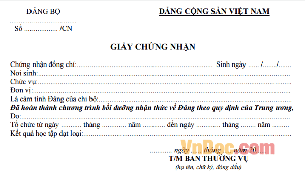 Mẫu CN-NTVĐ - Giấy chứng nhận học lớp về Đảng bộ