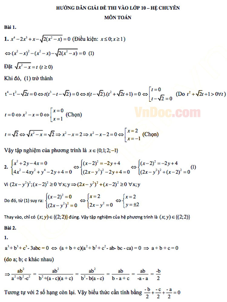 Đáp án đề thi vào lớp 10 môn Toán