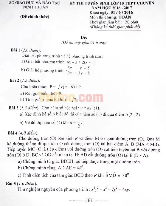 Đề thi vào lớp 10 môn Toán