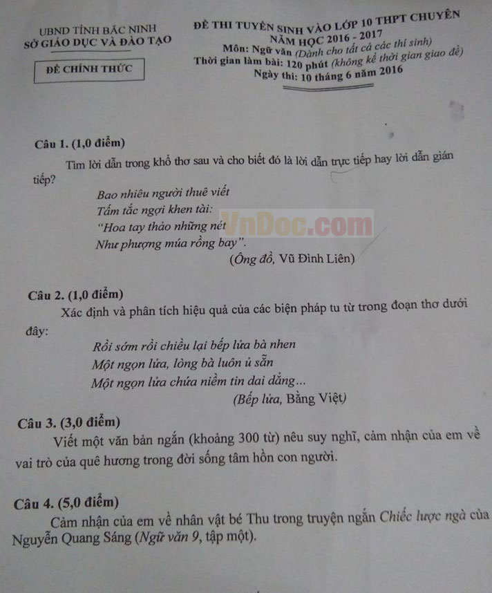 Đề thi vào lớp 10 môn Ngữ văn