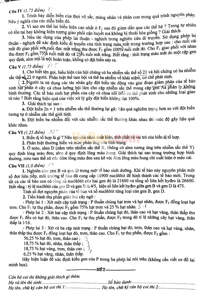 Đề thi vào lớp 10 môn Sinh học