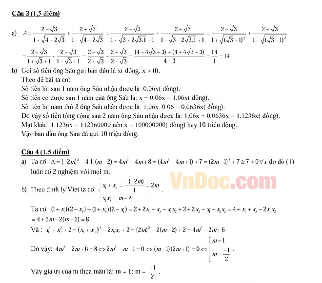 Đáp án đề thi vào lớp 10 môn Toán HCM