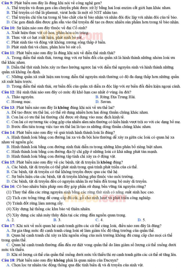 Đề thi thử THPT Quốc gia môn Sinh học năm 2016 trường THPT Chuyên Đại học Khoa học Huế