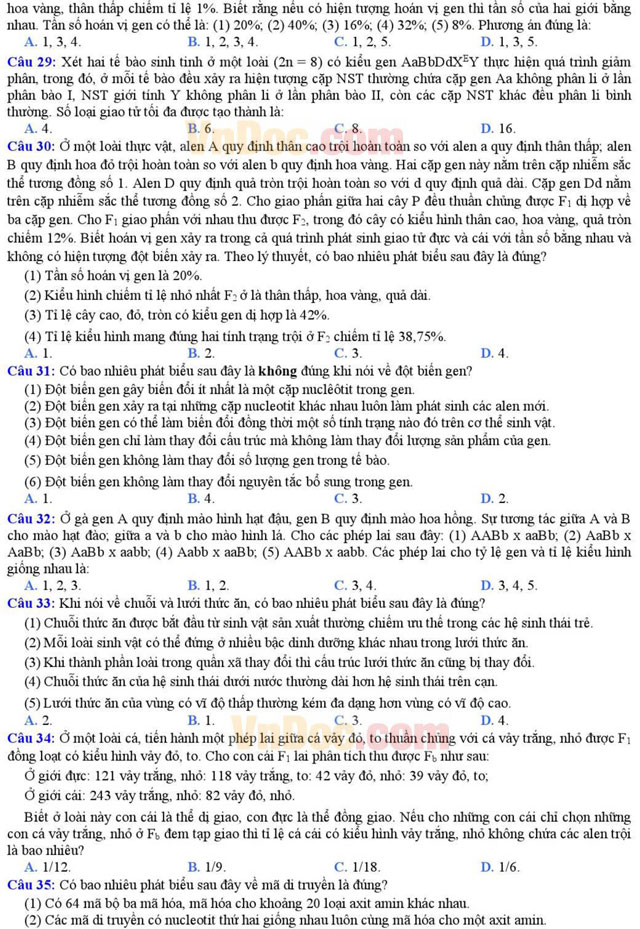 Đề thi thử THPT Quốc gia môn Sinh học năm 2016 trường THPT Chuyên Đại học Khoa học Huế