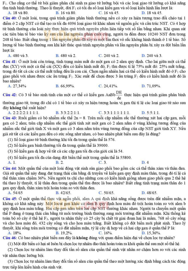 Đề thi thử THPT Quốc gia môn Sinh học năm 2016 trường THPT Chuyên Đại học Khoa học Huế