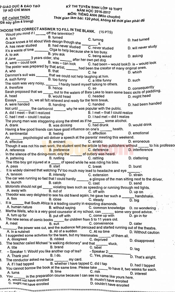 Đề thi tuyển sinh vào lớp 10 môn Tiếng Anh năm 2016 Đề thi tuyển sinh vào lớp 10 môn Tiếng Anh năm 2016