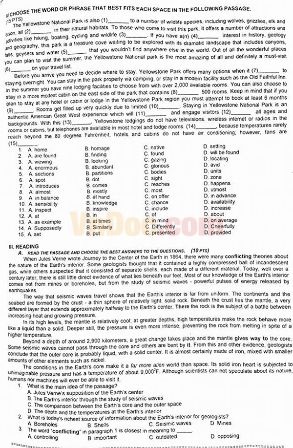 Đề thi vào lớp 10 môn Tiếng Anh năm 2016 có đáp án Đề thi vào lớp 10 môn Tiếng Anh năm 2016