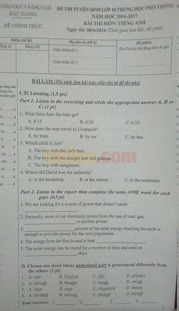 Đề thi tuyển sinh vào lớp 10 môn Tiếng Anh năm 2016 có đáp án Đề thi tuyển sinh vào lớp 10 môn Tiếng Anh năm 2016