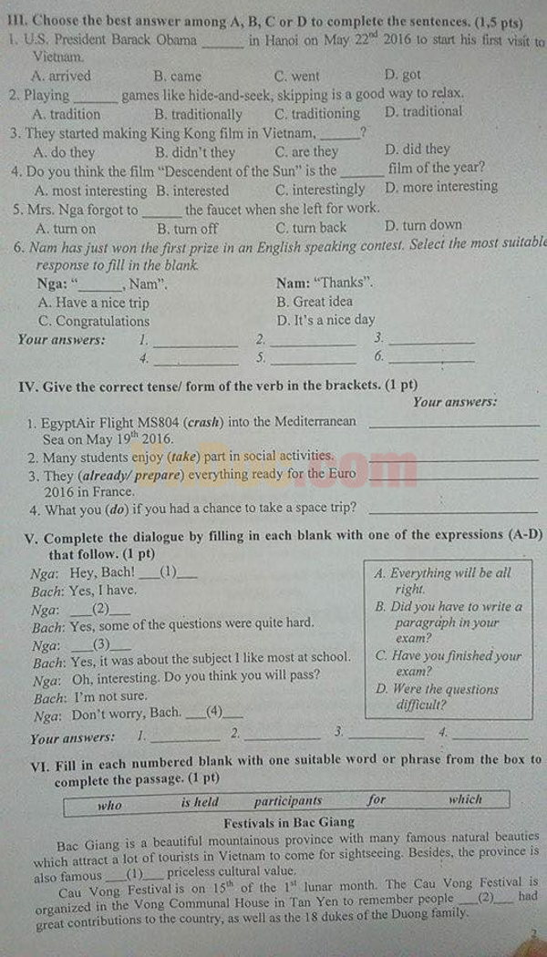 Đề thi vào lớp 10 môn Tiếng Anh có đáp án Đề thi vào lớp 10 môn Tiếng Anh