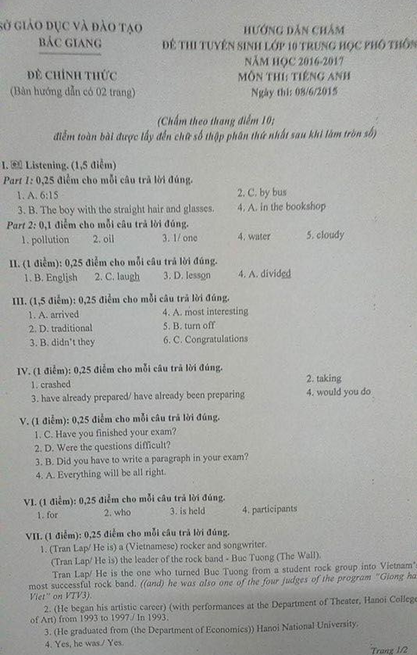 Đề thi vào lớp 10 Bắc Giang có đáp án Đề thi vào lớp 10 Bắc Giang