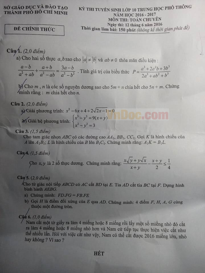 Đề thi vào lớp 10 môn Toán