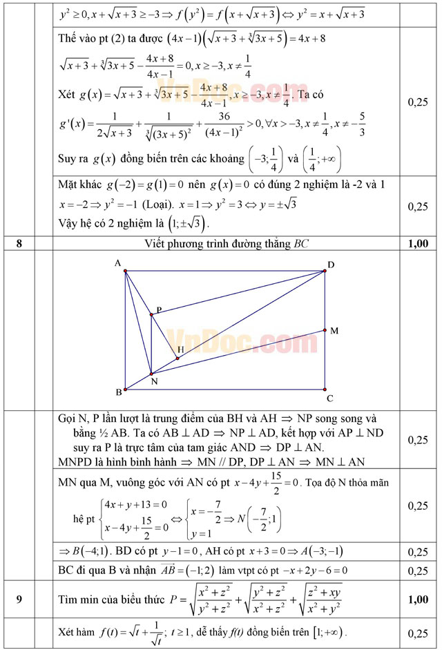 Đáp án đề thi thử THPT Quốc gia năm 2016 môn Toán trường THPT Đoàn Thượng, Hải Dương (Lần 3)