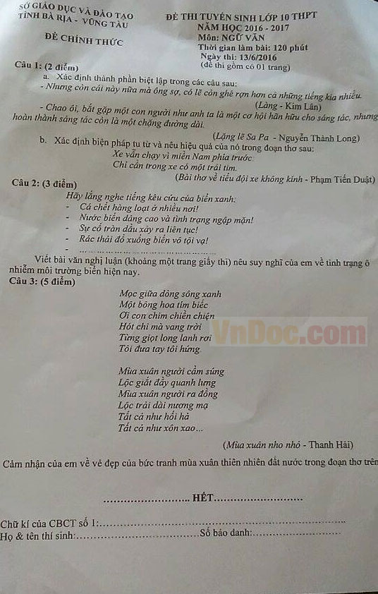 Đề thi vào lớp 10 môn Ngữ văn Đề thi vào lớp 10 môn Ngữ văn