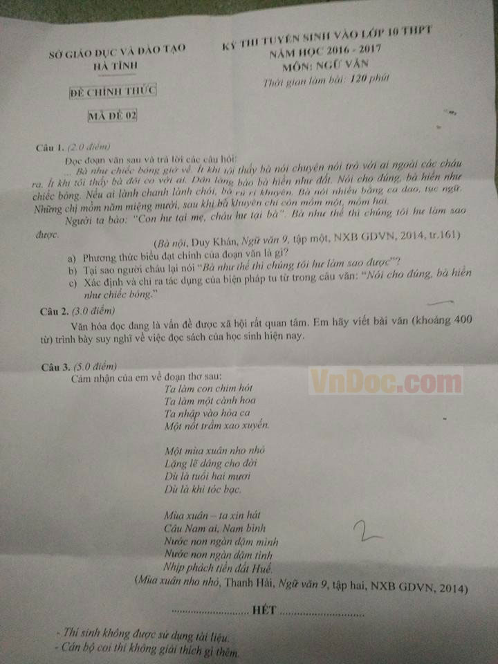 Đề thi tuyển sinh vào lớp 10 môn Ngữ văn Đề thi tuyển sinh vào lớp 10 môn Ngữ văn