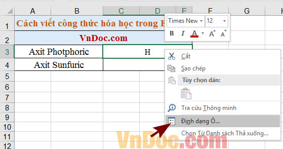 Nhập công thức hóa học trong Excel Cách chèn công thức Hóa học trong Excel