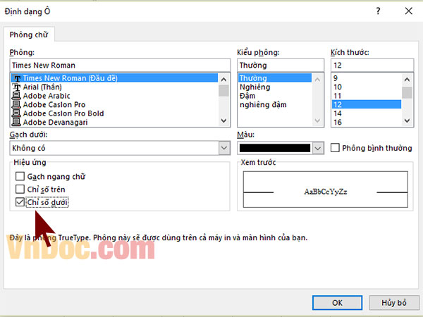 Chèn chỉ số dưới trong Excel Cách chèn công thức Hóa học trong Excel