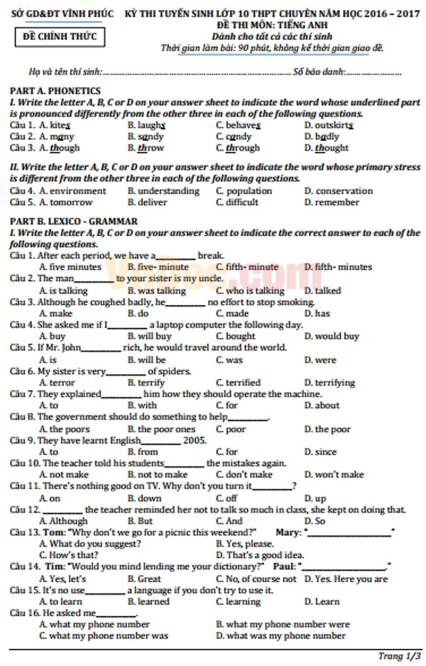 Đề thi tuyển sinh vào lớp 10 THPT Chuyên môn Tiếng Anh