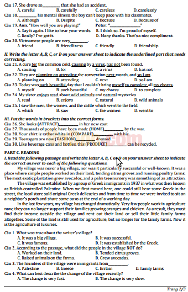 Đề thi tuyển sinh vào lớp 10 môn Tiếng Anh năm học 2016-2017 tỉnh Vĩnh Phúc