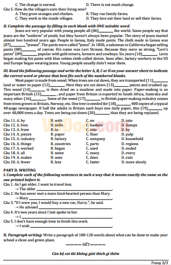 Đề thi tuyển sinh vào lớp 10 môn Tiếng Anh năm 2016