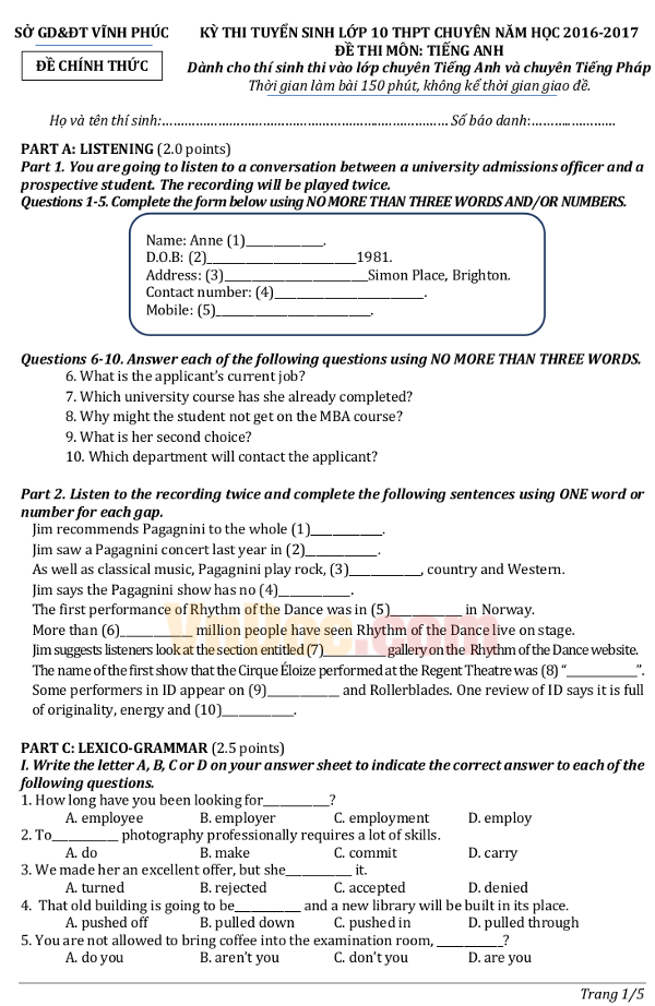 Đề thi tuyển sinh vào lớp 10 THPT Chuyên môn Tiếng Anh