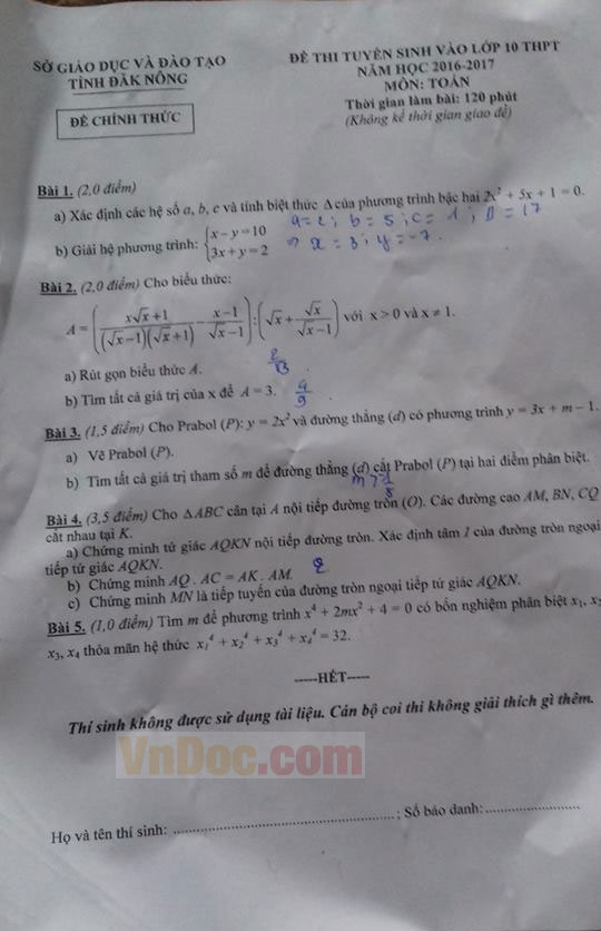 Đề thi vào lớp 10 môn Toán