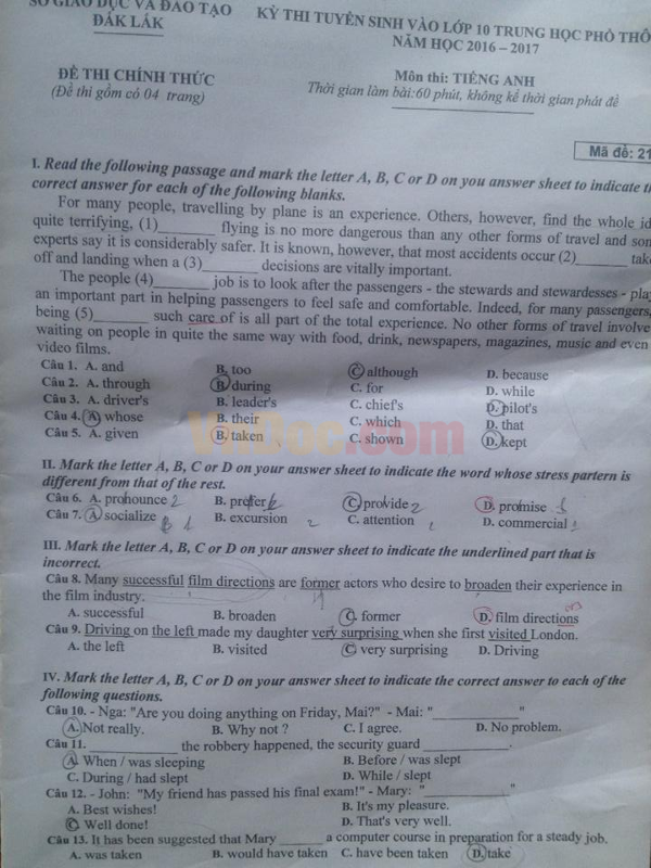 Đề thi tuyển sinh vào lớp 10 môn Tiếng Anh năm 2016