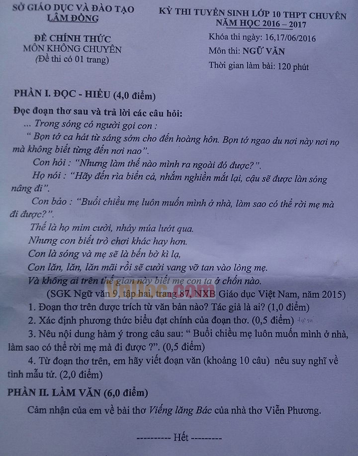 Đề thi vào lớp 10 môn Ngữ văn Đề thi vào lớp 10 môn Ngữ văn