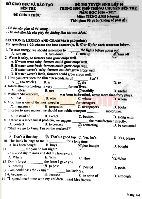 Đề thi tuyển sinh vào lớp 10 THPT Chuyên môn Tiếng Anh