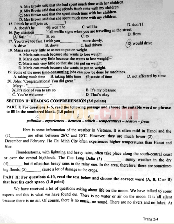 Đề thi tuyển sinh vào lớp 10 môn Tiếng Anh năm học 2016-2017 