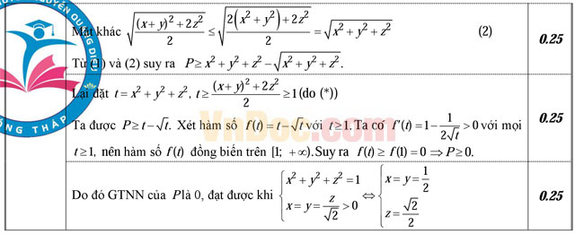 Đáp án đề thi tổng diễn tập THPT Quốc gia môn Toán năm 2016 trường THPT Chuyên Nguyễn Quang Diêu, Đồng Tháp