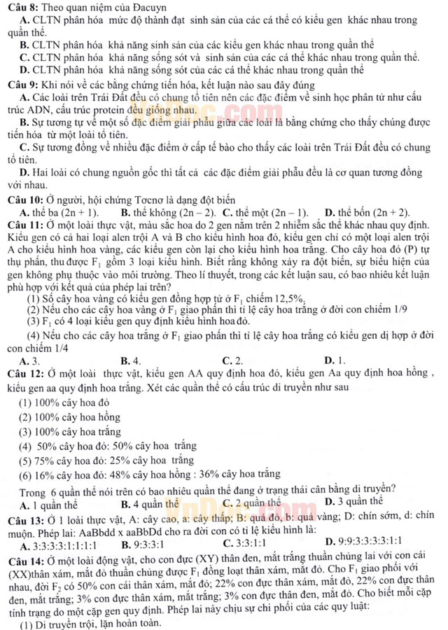 Đề thi thử THPT Quốc gia môn Sinh học năm 2016 cụm trường Bà Rịa - Tân Thành