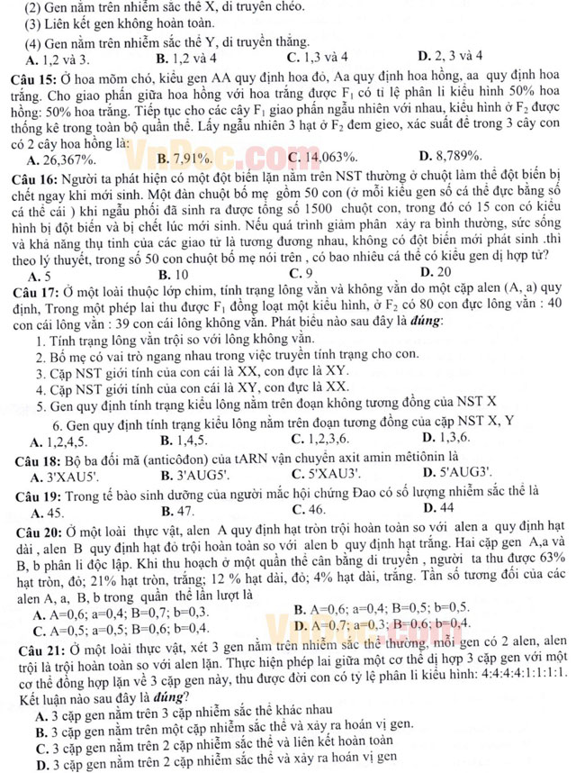 Đề thi thử THPT Quốc gia môn Sinh học năm 2016 cụm trường Bà Rịa - Tân Thành