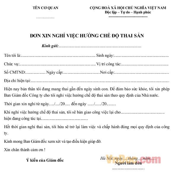 Mẫu đơn xin nghỉ thai sản mới nhất 2018