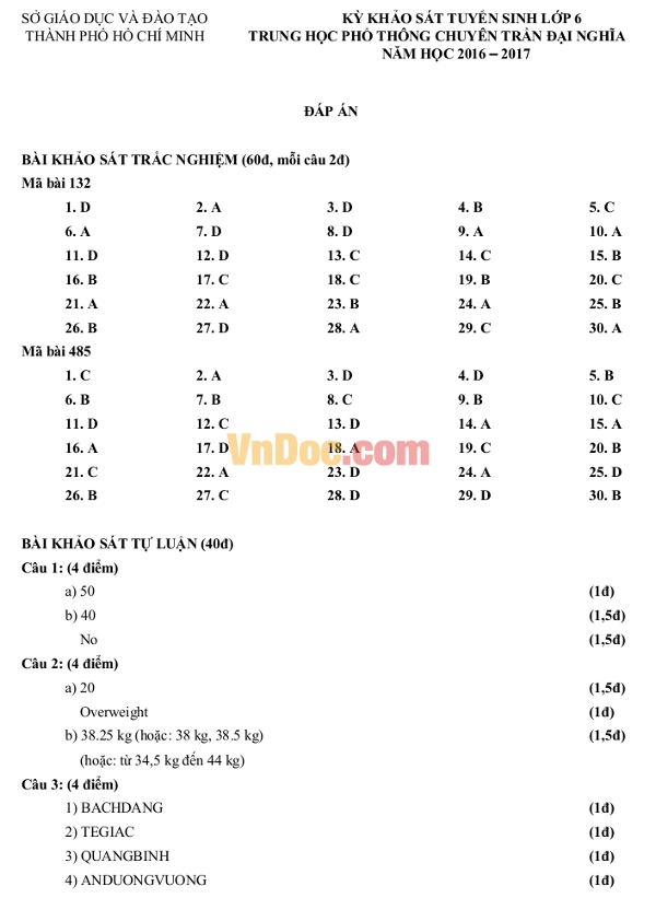 Đề thi vào lớp 6 trường THPT Trần Đại Nghĩa 