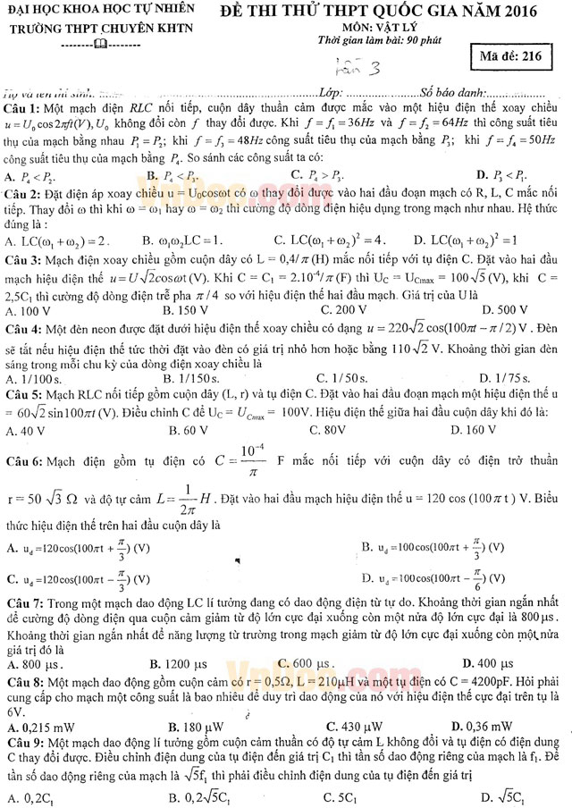 Đề thi thử THPT Quốc gia năm 2016 môn Vật lý trường THPT Chuyên Khoa học Tự nhiên, Hà Nội (Lần 3)