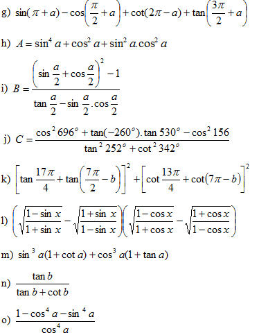 Bài tập công thức lượng giác lớp 10