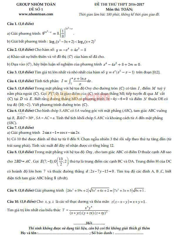 Đề thi thử THPT Quốc gia năm 2016 môn Toán của group nhóm toán (Đề số 1)