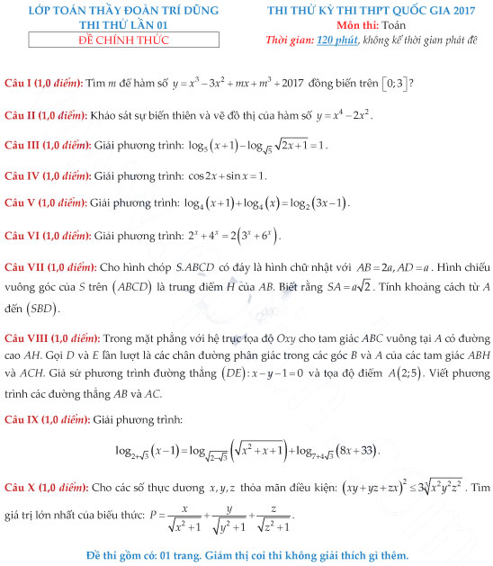 Đề thi thử THPT Quốc gia năm 2017 môn Toán của thầy Đoàn Trí Dũng (Lần 1)
