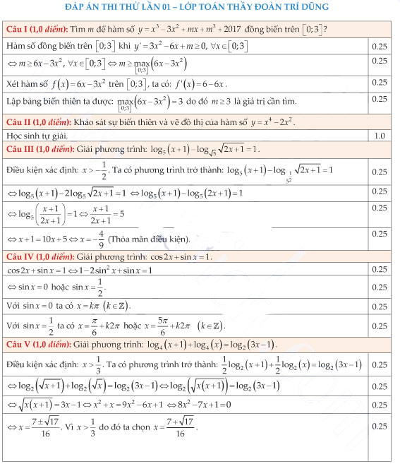 Đáp án đề thi thử THPT Quốc gia năm 2017 môn Toán của thầy Đoàn Trí Dũng (Lần 1)