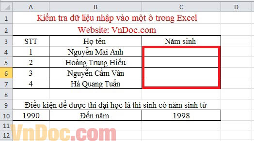 Kiểm tra dữ liệu nhập vào ô trong Excel Cách kiểm tra dữ liệu nhập vào một ô trong Excel