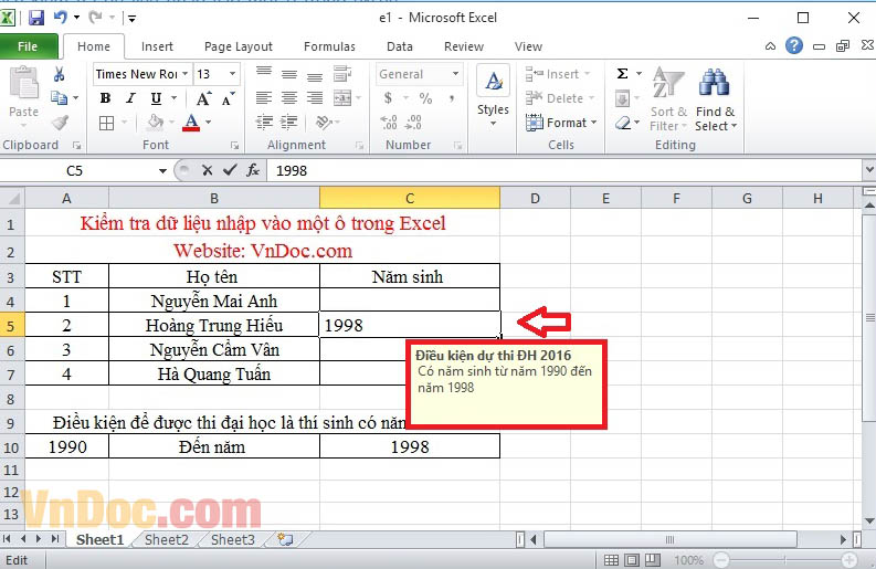 Kiểm tra dữ liệu nhập vào ô trong Excel Cách kiểm tra dữ liệu nhập vào một ô trong Excel